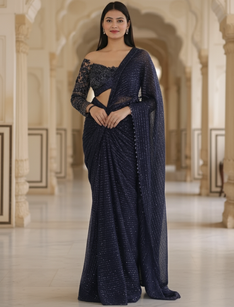 Draped Navy-Blue Saree With Beautiful Sheer Neck Blouse For Party Wear (D36)