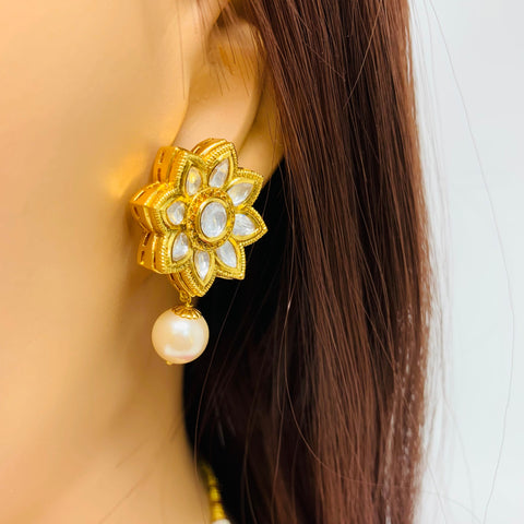Designer Gold Plated Royal Kundan Necklace with Earrings (D379)