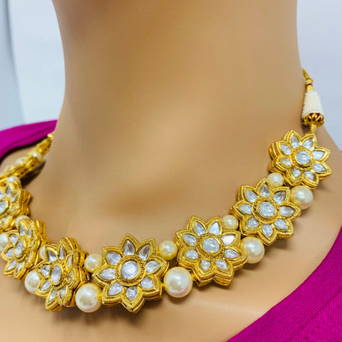 Designer Gold Plated Royal Kundan Necklace with Earrings (D379)