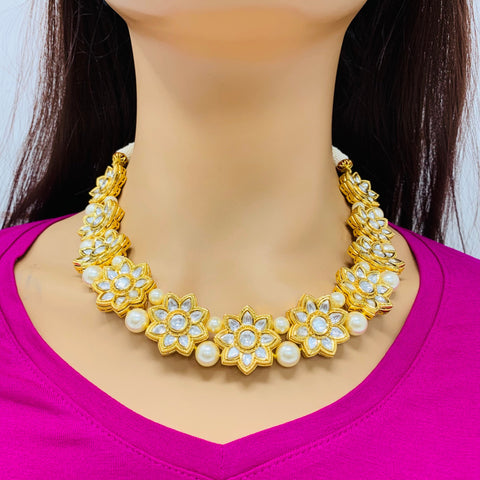 Designer Gold Plated Royal Kundan Necklace with Earrings (D379)