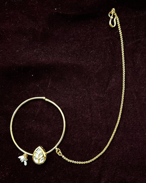 Gold Plated Royal Kundan Studded Nose Ring with Chain - NATH (Design 2)