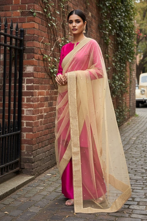 Exquisite Golden Stone & Beads Work Net Dupatta (D407)