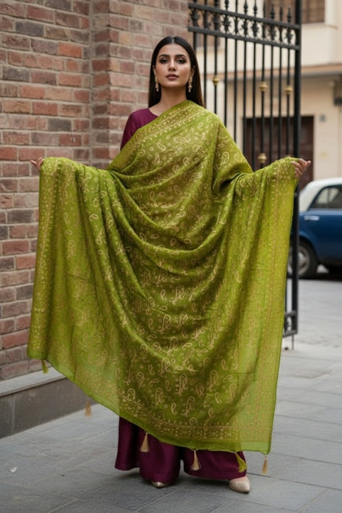 Exquisite Green Printed Silk Dupatta (D421)
