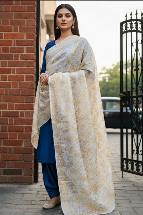 Elegant Off- White & Golden Printed Silk Dupatta (D422)