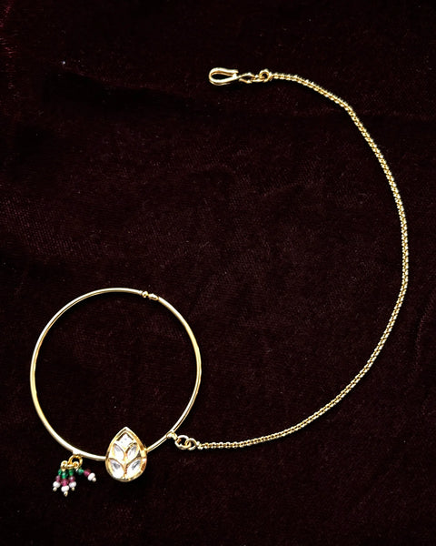 Gold Plated Royal Kundan Studded Nose Ring with Chain - NATH (Design 2)