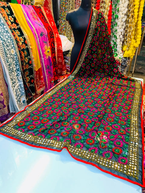 Elegant Black And Multi Phulkari Work Georgette Dupatta (D516)