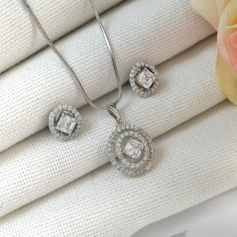 American Diamond Silver Plated Pendant Set With Earrings