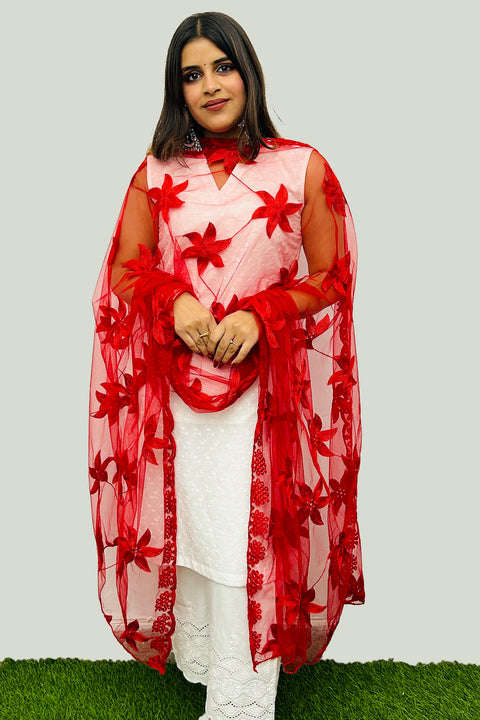 Red Color Net Embroidery Work Dupatta For Party Wear (D71)