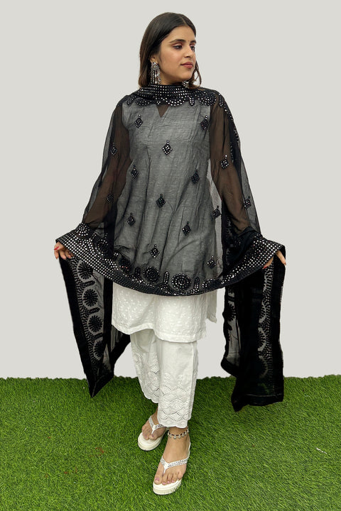 Black Color Women's Embroidered Chiffon Dupatta For Party Wear (D76)