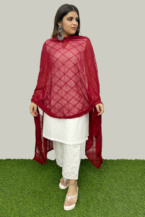 Maroon Color Women's Embroidered Chiffon Dupatta For Party Wear (D80)