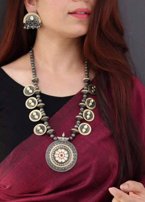Designer Silver Oxidized & Red Color Beaded Necklace with Earrings (D888)