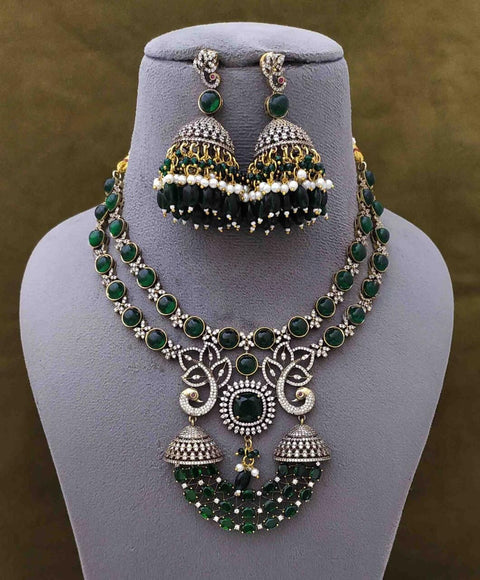 Designer Stone Studded American Diamond Necklace With Earrings (D892)