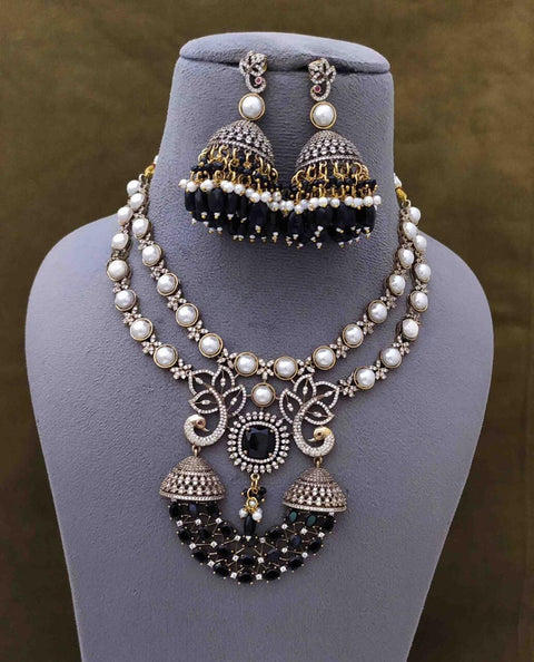 Designer Stone Studded American Diamond Necklace With Earrings (D892)