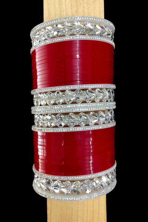 Women's Beautiful Traditional Designer Bridal Red & Silver Color Chuda Bangles Set For Wedding (D8)