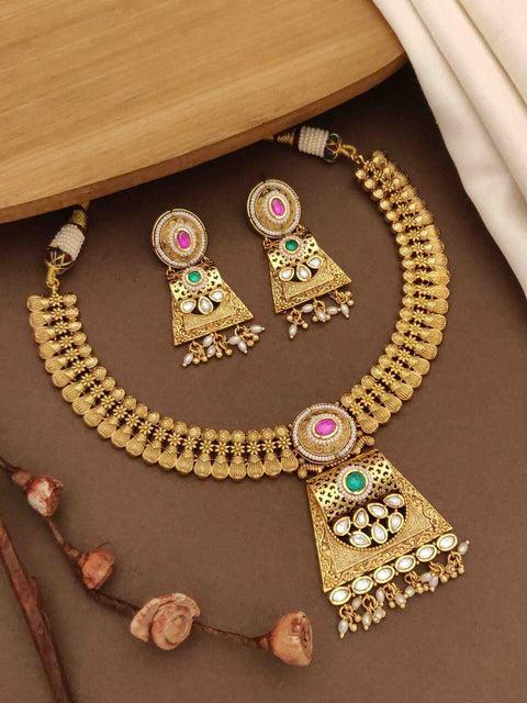 Designer Golden Color Necklace with Earrings (D896)