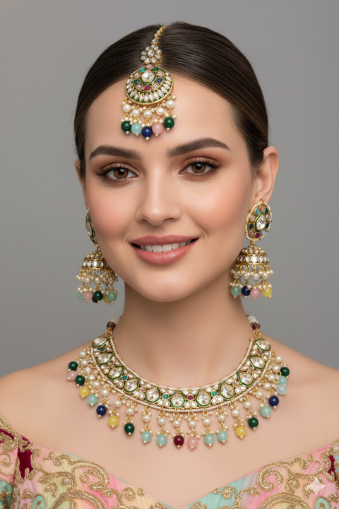 Royal Kundan Gold Plated Multi Color Stone Necklace & Jhumki Style Earrings (D997)