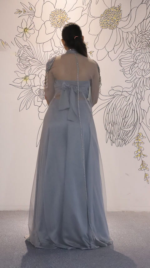 Grey Satin Silk Sharara Set With Net Cape For Women (D53)