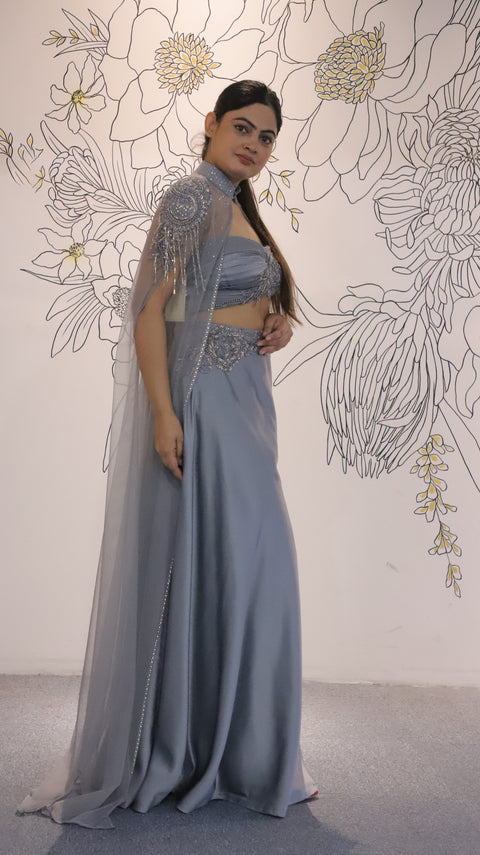 Grey Satin Silk Sharara Set With Net Cape For Women (D53)
