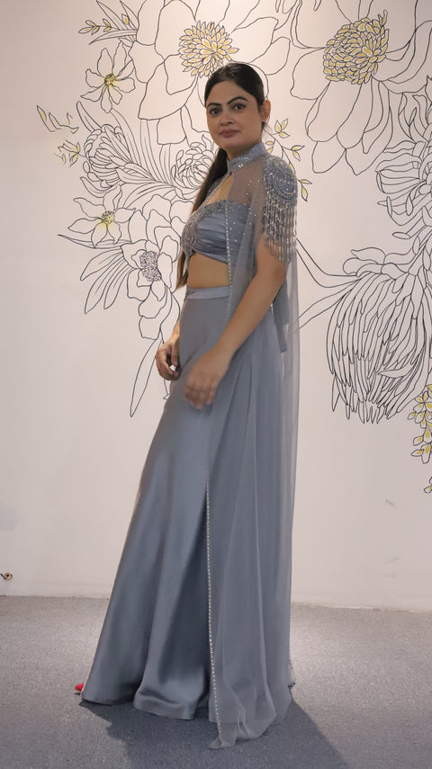 Grey Satin Silk Sharara Set With Net Cape For Women (D53)