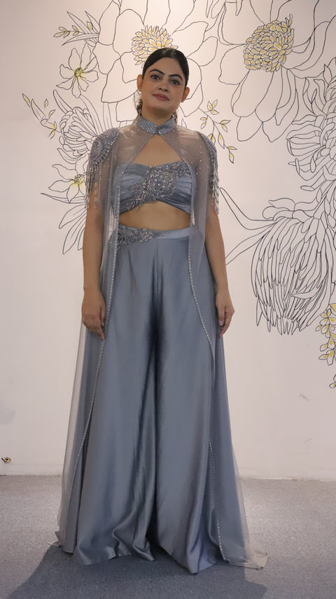 Grey Satin Silk Sharara Set With Net Cape For Women (D53)