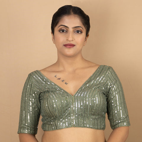 Sage Green Color Women's Sequin Embroidered V Neck Readymade Blouse Wedding & Party Wear (D1718)