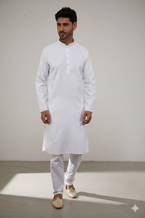Designer Men's White Color Cotton Kurta Pajama With Self Print (D262)