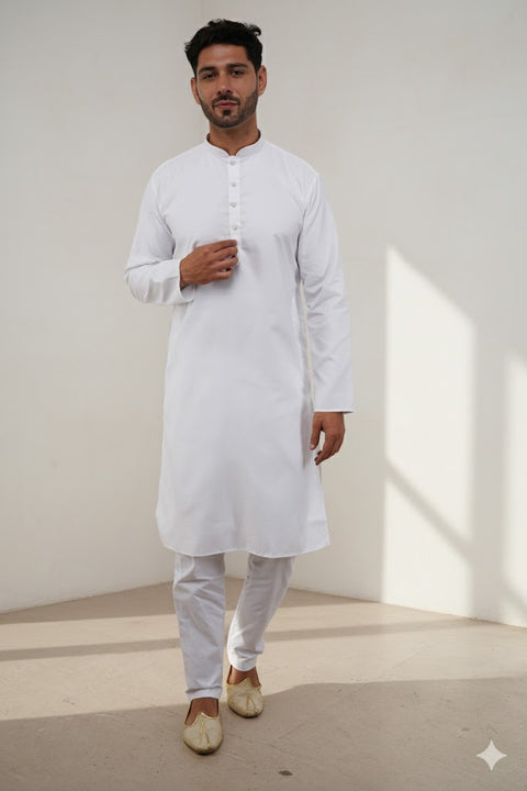 Designer Men's White Color Cotton Kurta Pajama With Self Print (D262)