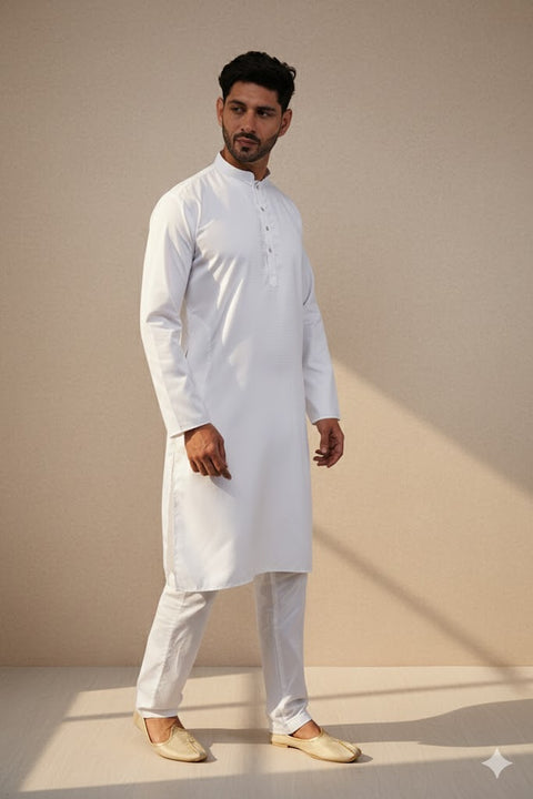 Designer Men's White Color Cotton Kurta Pajama With Self Print (D262)