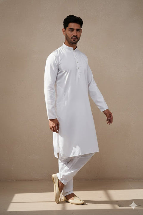 Designer Men's White Color Cotton Kurta Pajama With Self Print (D262)