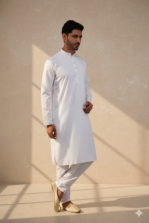 Designer Men's White Color Cotton Kurta Pajama With Self Print (D262)