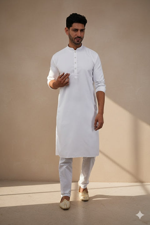 Designer Men's White Color Cotton Kurta Pajama With Self Print (D262)