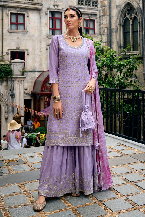 Designer Light Purple Color Readymade Party Wear Suits Plazzo & Dupatta in Organza For Women (D1016)