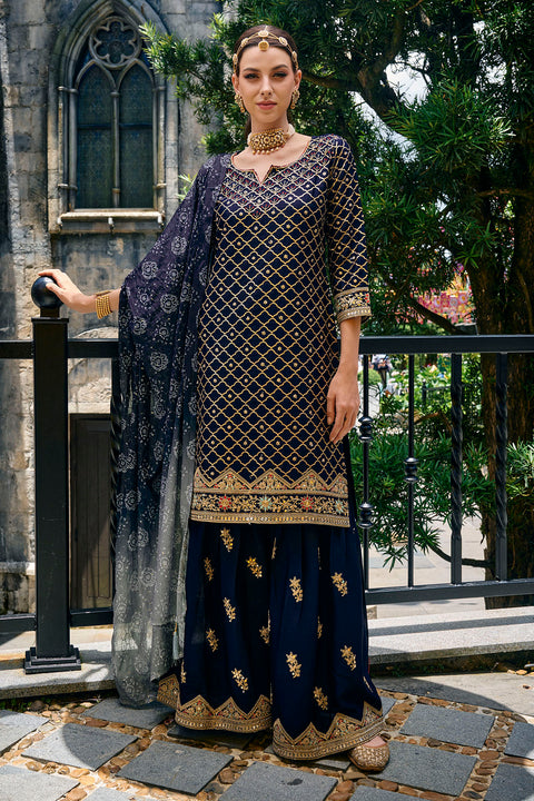 Designer Navy Blue Color Readymade Party Wear Suits Plazzo & Dupatta in Organza For Women (D1015)