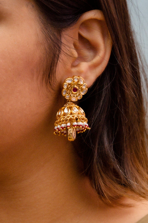 Gold Plated Beautifully Royal Kundan & Ruby Beaded Jhumki Style Earrings (E771)