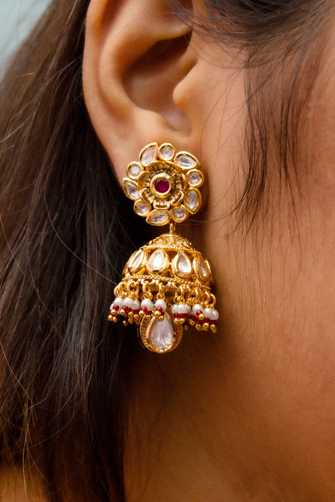 Gold Plated Beautifully Royal Kundan & Ruby Beaded Jhumki Style Earrings (E771)