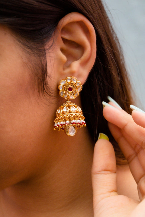 Gold Plated Beautifully Royal Kundan & Ruby Beaded Jhumki Style Earrings (E771)