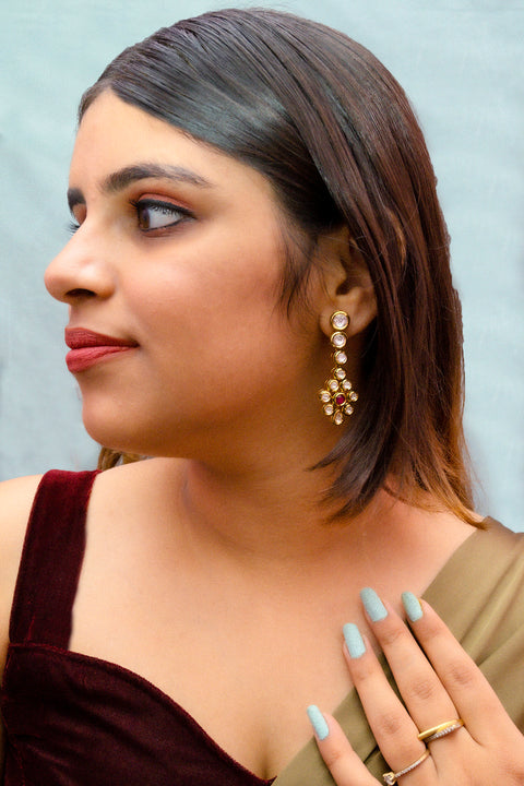 Gold Plated Beautifully Royal Kundan & Ruby Beaded Earrings (E767)