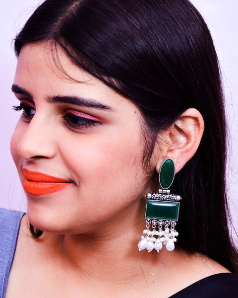 Traditional Style Oxidized Earrings With Stone & Pearl Beads for Casual Party