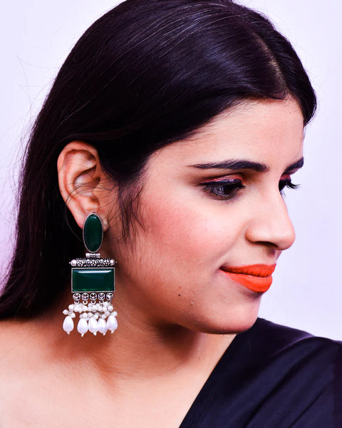 Traditional Style Oxidized Earrings With Stone & Pearl Beads for Casual Party