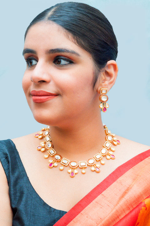 Designer Gold Plated Royal Kundan Necklace With Earrings (D867)