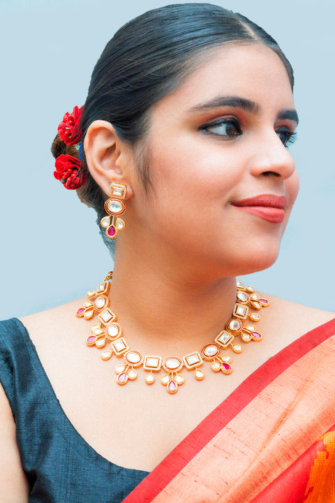 Designer Gold Plated Royal Kundan Necklace With Earrings (D867)
