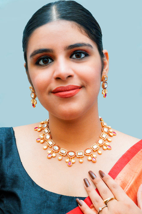 Designer Gold Plated Royal Kundan Necklace With Earrings (D867)