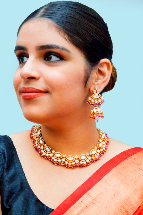 Designer Gold Plated Royal Kundan & Ruby Necklace with Earrings (D870)