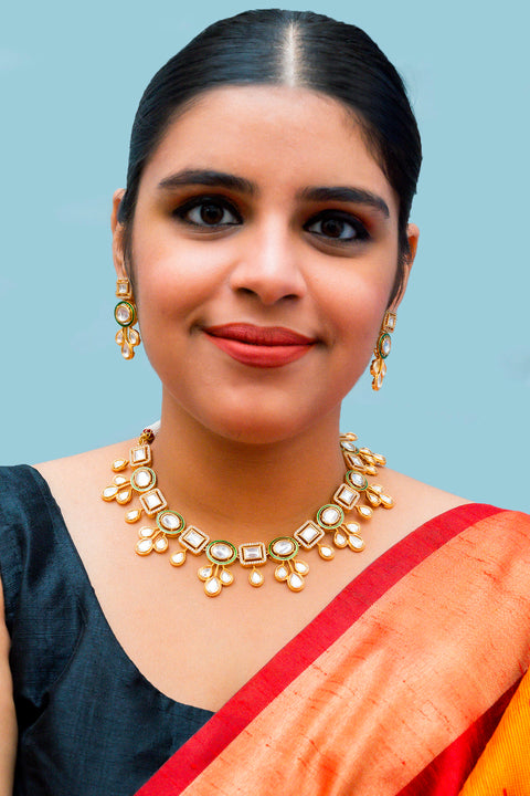 Designer Gold Plated Royal Kundan Necklace With Earrings (D867)