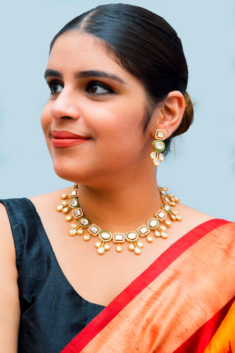 Designer Gold Plated Royal Kundan Necklace With Earrings (D867)