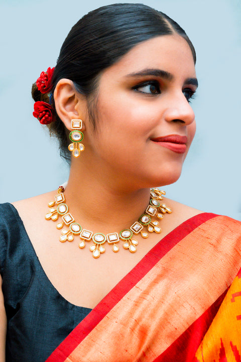 Designer Gold Plated Royal Kundan Necklace With Earrings (D867)