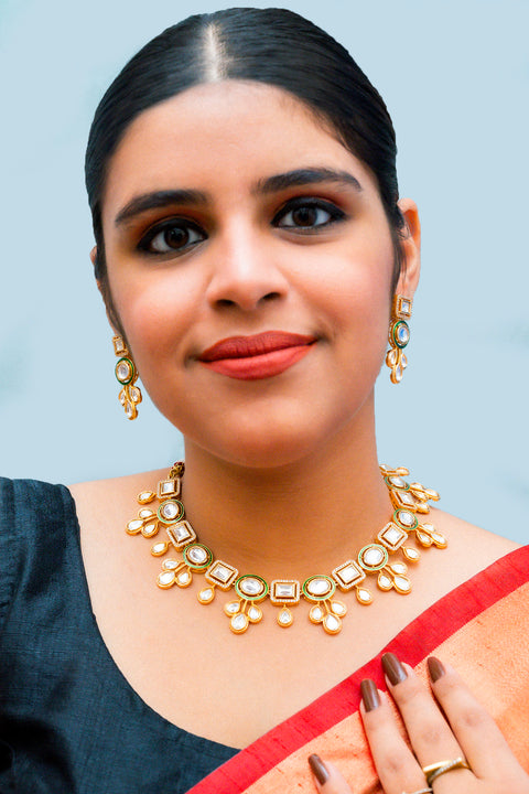 Designer Gold Plated Royal Kundan Necklace With Earrings (D867)