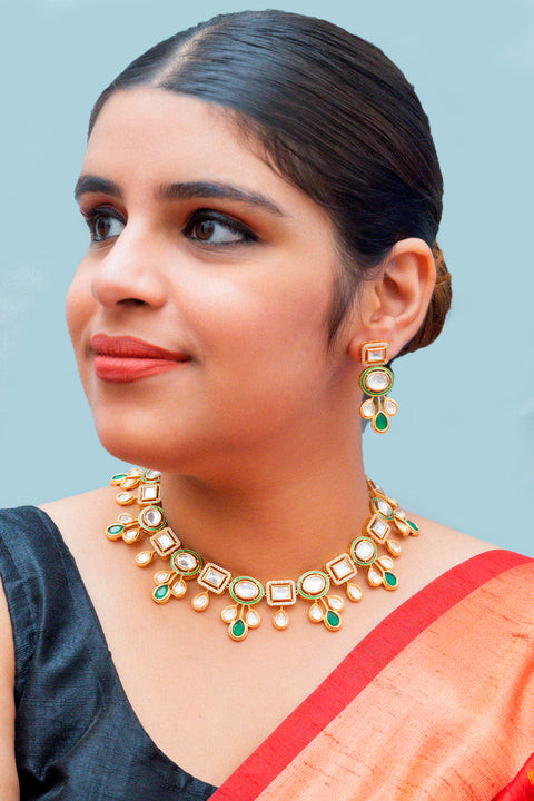 Designer Gold Plated Royal Kundan Necklace With Earrings (D867)
