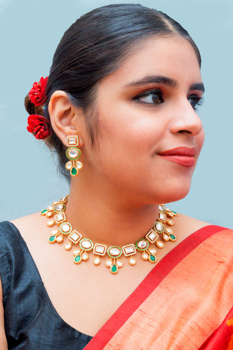 Designer Gold Plated Royal Kundan Necklace With Earrings (D867)