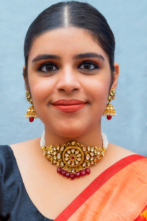 Designer Gold Plated Royal Kundan Choker Style Necklace with Earrings (D861)